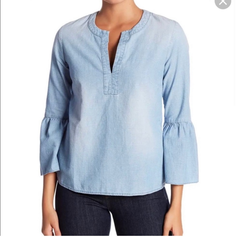 J Crew Chambray Denim Long Bell Sleeve Top Split
Neck Blouse Lovers Lane Blue